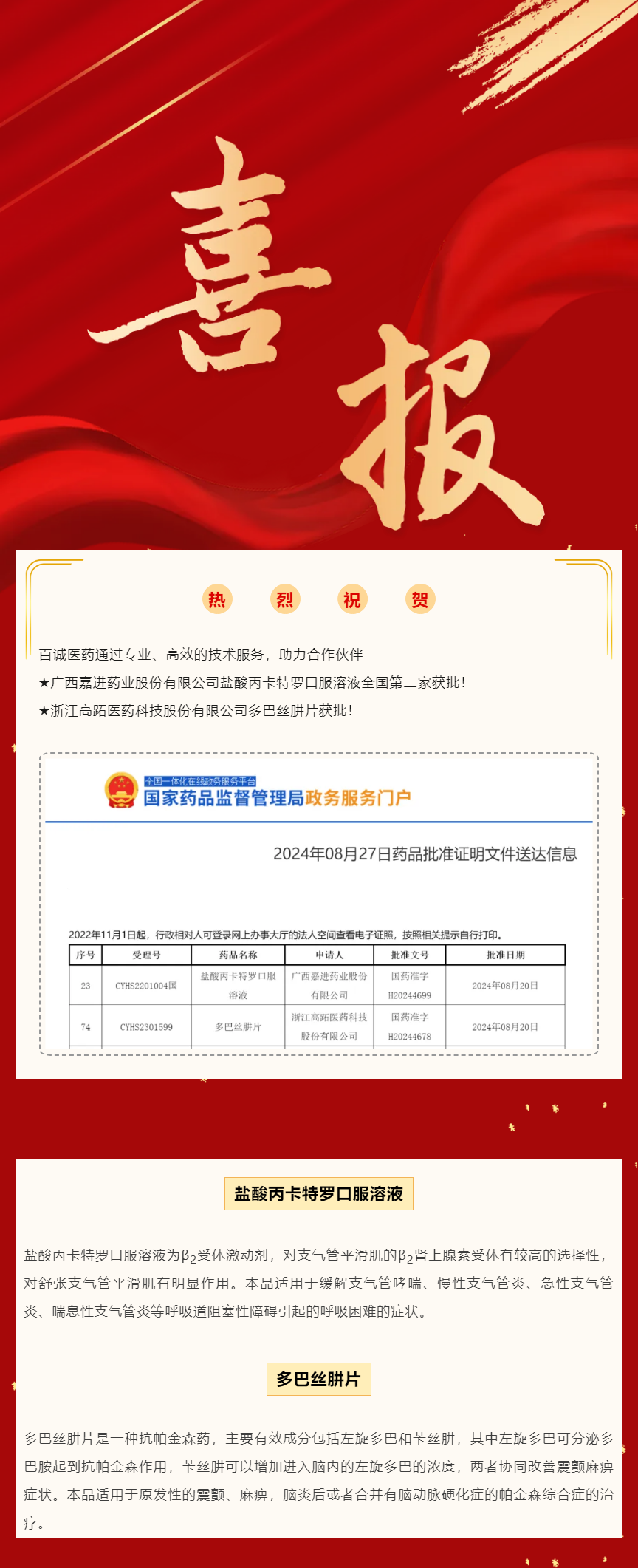 喜報！百誠醫(yī)藥助力合作伙伴鹽酸丙卡特羅口服溶液、多巴絲肼片獲批！.png